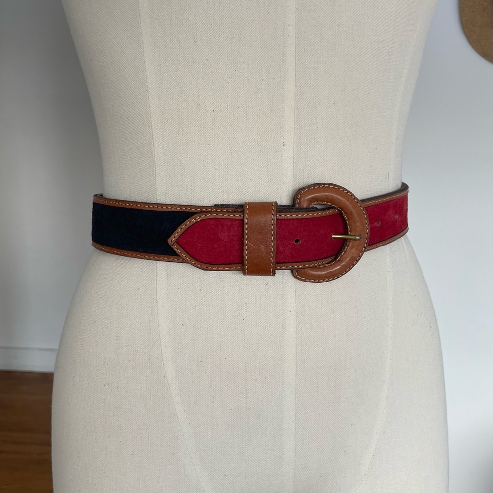 Women’s Two-Tone Suede and Leather Belt in Red & Navy